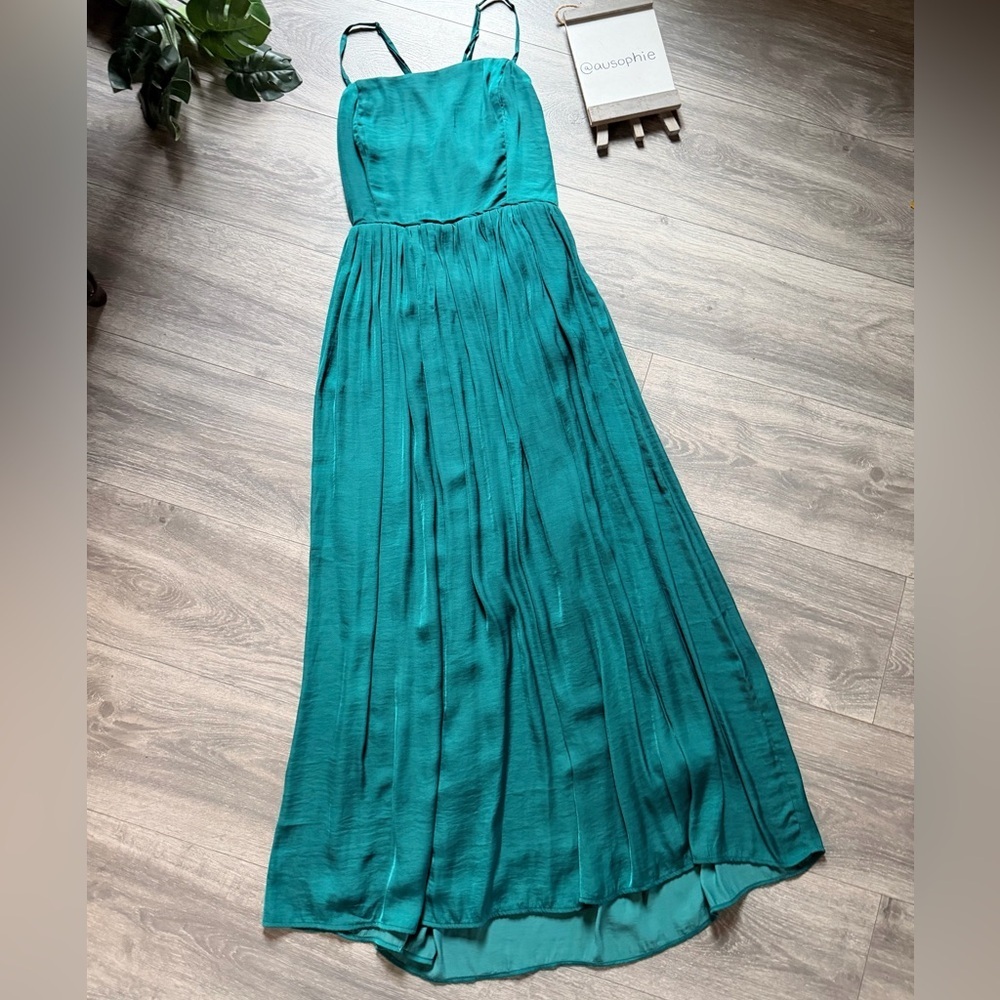 Urban Outfitters Morning Light Strappy Pleated Midi Dress Teal Green Satin Sz M - Picture 5 of 15